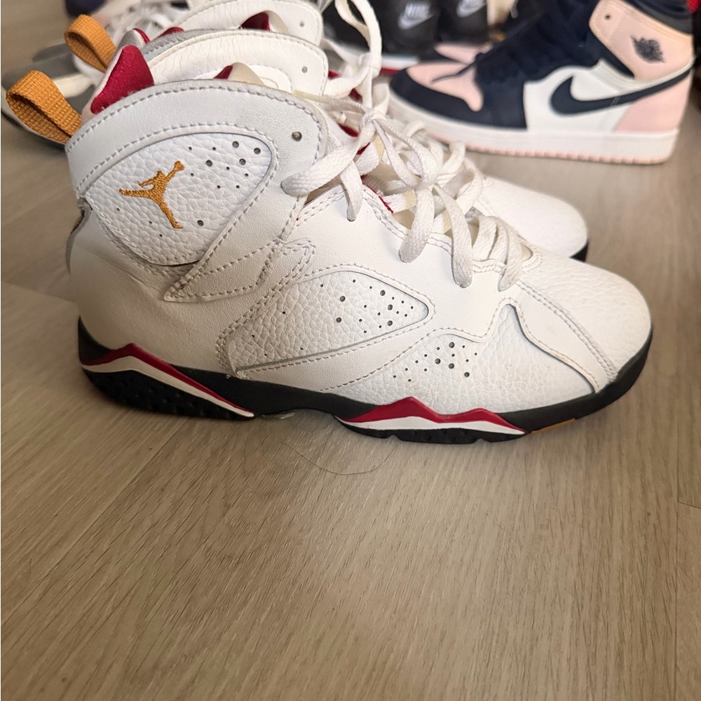 Jordan 7 Retro “ Cardinal “ Kids White and Red Sneakers with Gold Accent